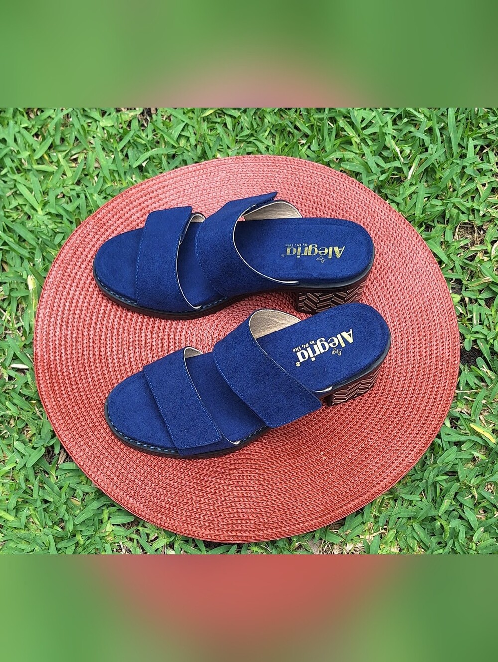 Alegria Navy Suede Block Heel Slide Sandals for Women US 7.5